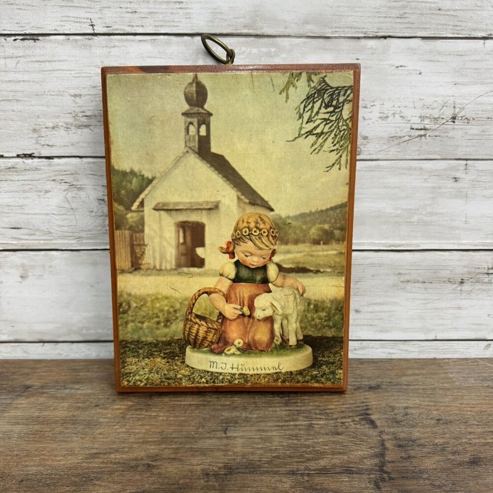 Vintage Hummel Wood Picture Wall Plaque Little Girl with Lamb